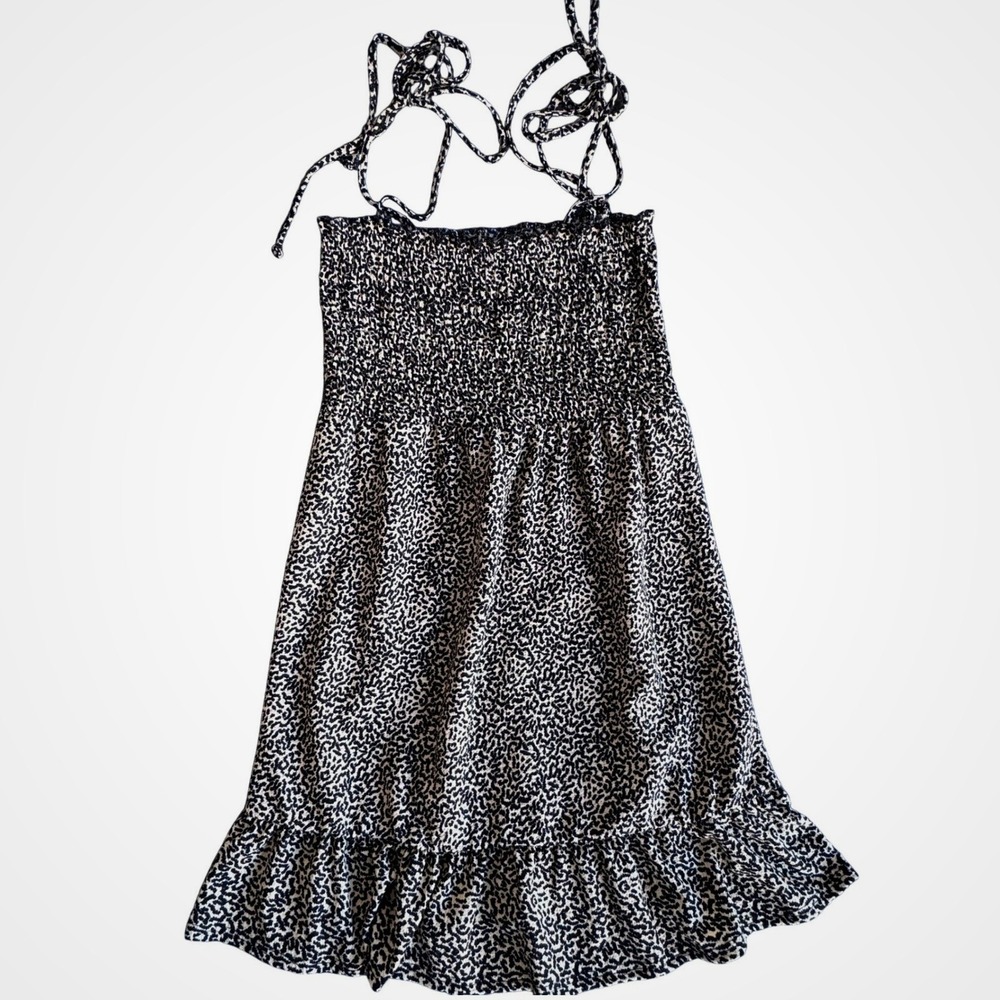 Topshop Leopard Print Smocked Mini‎ Dress Tie Strap Ruffle Hem Black White US 4